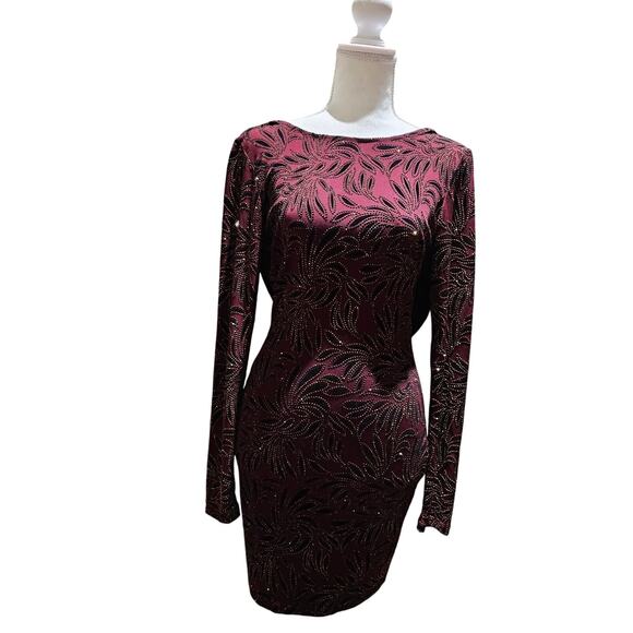 Windsor Burgundy Velvet Jeweled Mini Dress M Cowl Back Bodycon Holiday Party - Picture 3 of 13